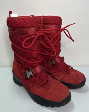 Coach Sela Red Signature Monogram Winter Snow Boots Women's Size 10M Vibram Y2K